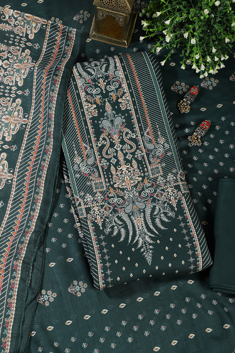 Bottle Green Mughal-Inspired Paisley Printed Spun  Unstitched Suits Fabric