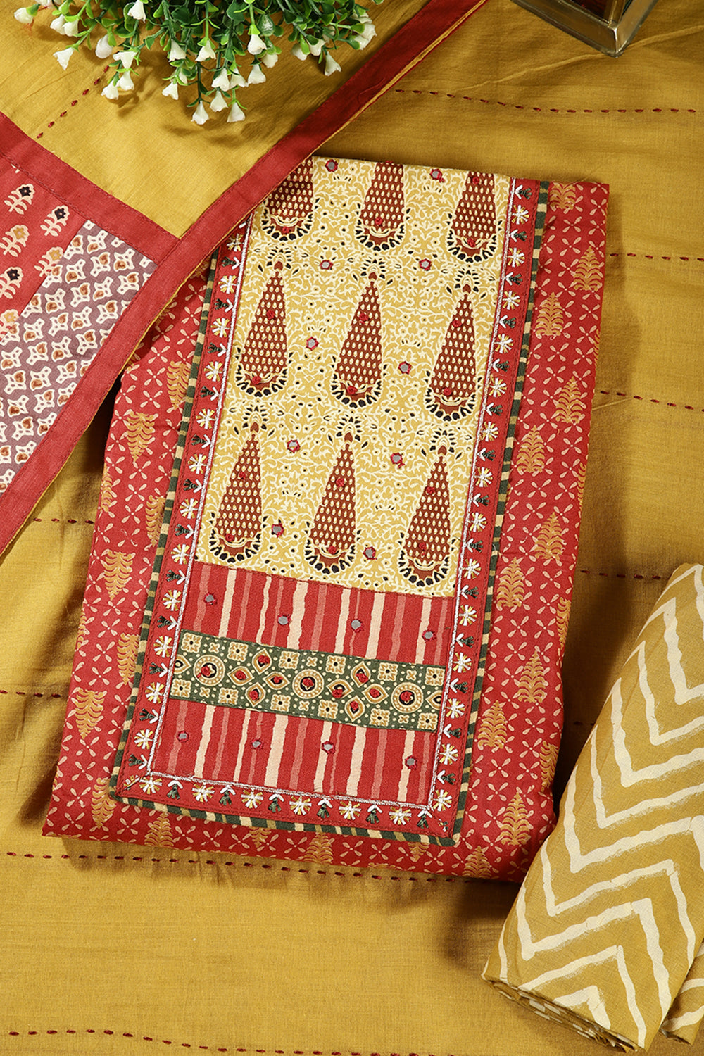 Maroon & Mustard Color Twill Cotton Printed Unstitched Suit Material