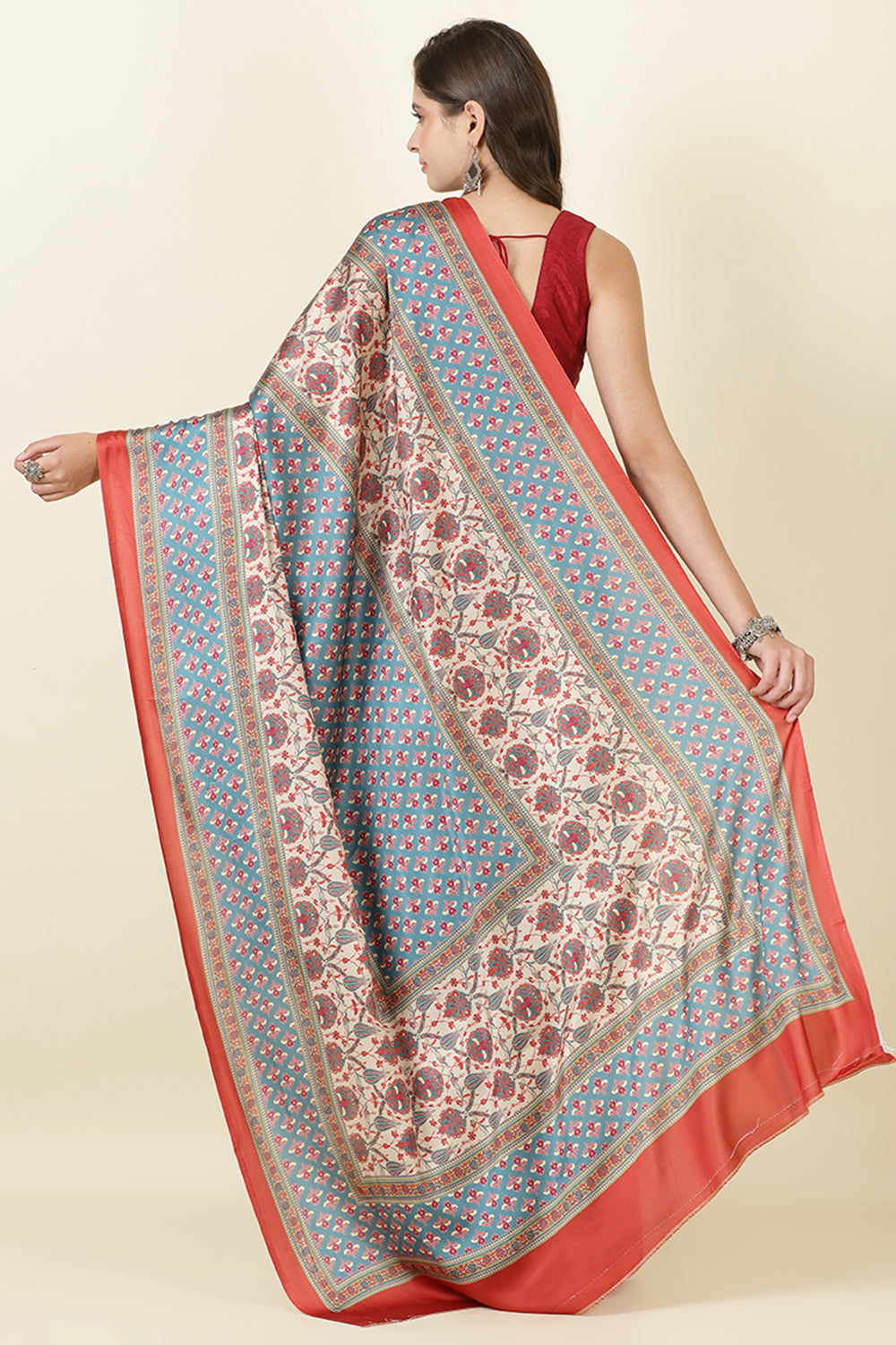 Teal & Beige Crepe Printed Saree