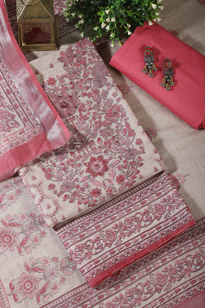 Beige & Pink Floral Printed Unstitched Suit Fabric