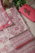 Beige & Pink Floral Printed Unstitched Suit Fabric