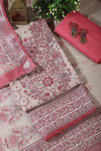 Beige & Pink Floral Printed Unstitched Suit Fabric