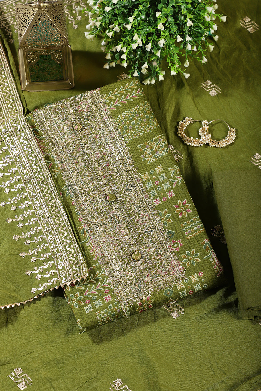 Green Digital Printed & Neck Embroidered Cotton Unstitched Suit