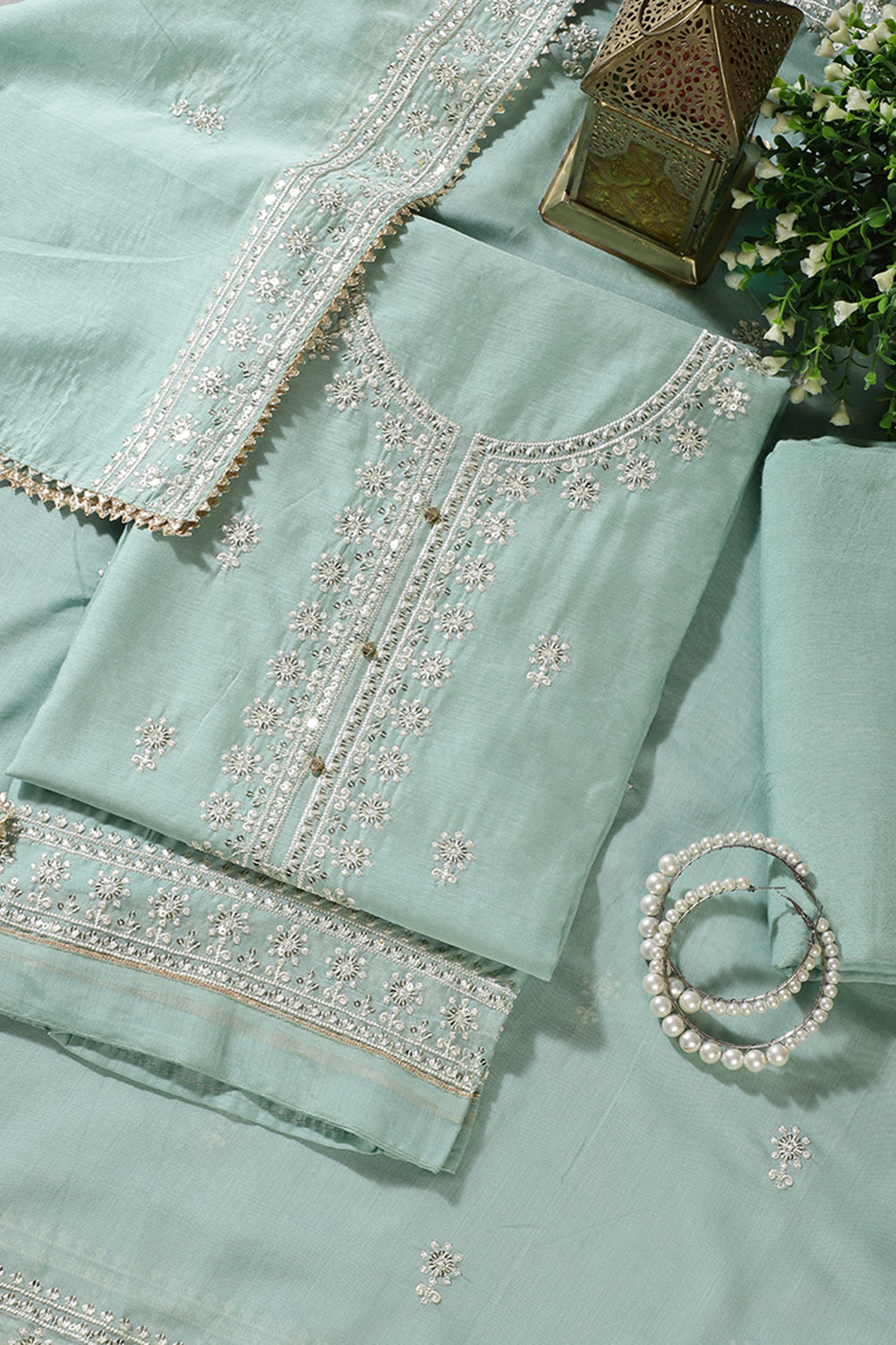 Sea Green Chanderi Silk Resham Embroidered Unstitched Suit Material