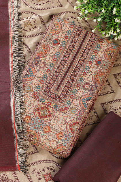 Maroon Pashmina Digital Printed Unstitched Suit Material