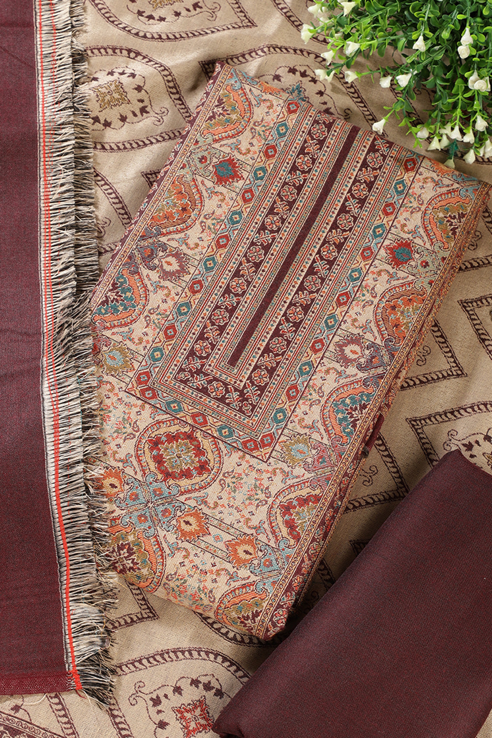 Maroon Pashmina Digital Printed Unstitched Suit Material