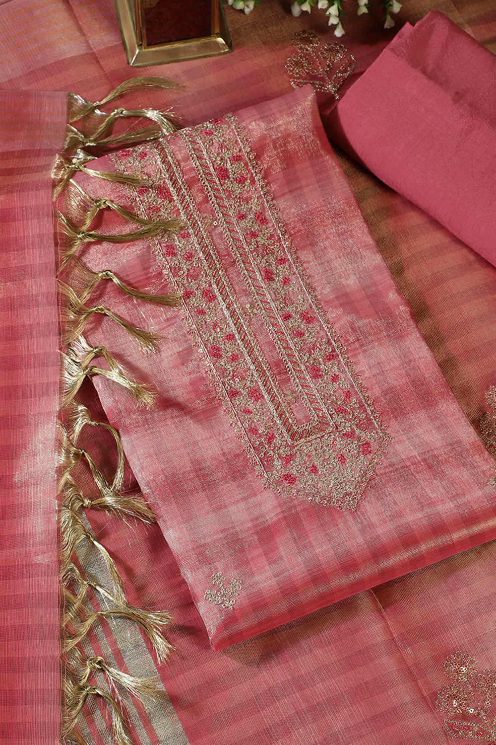 Tulip Pink Tissue Silk Zari And Resham Embroidered Unstitched Suit Material