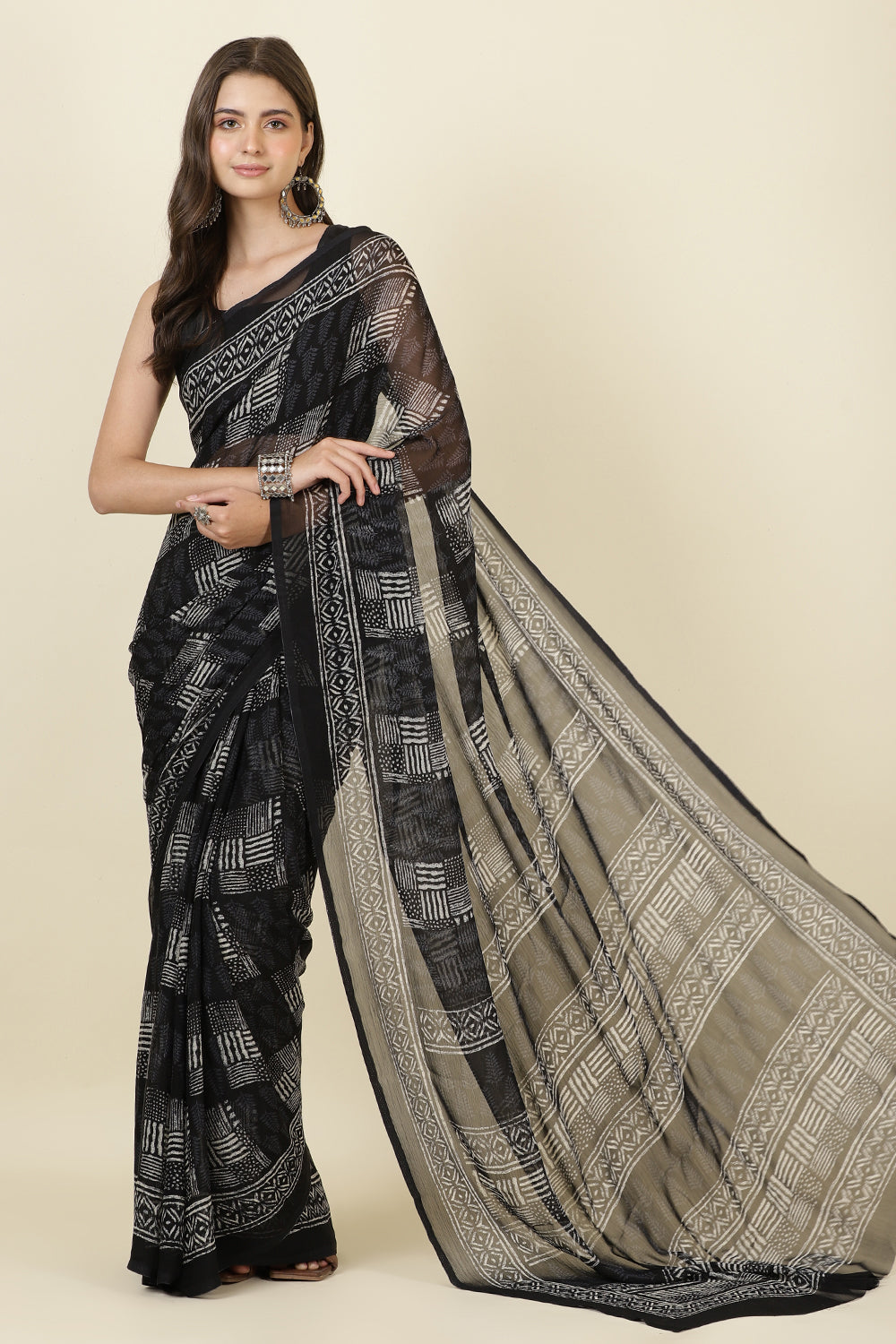 Black Printed Georgette Saree
