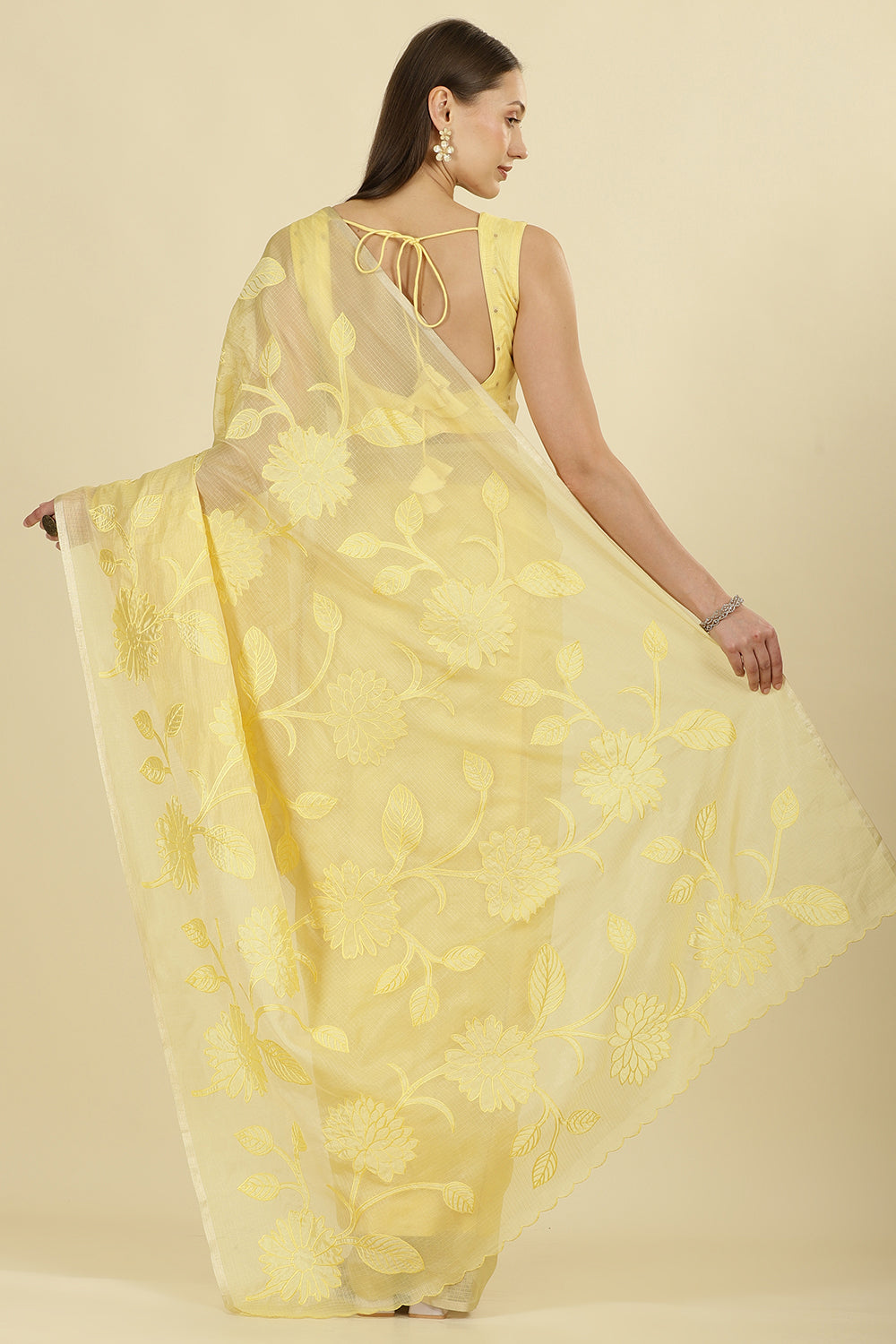 Pale Yellow Cotton Floral Resham Embroidered Saree