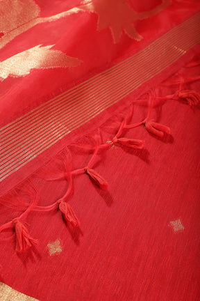 Red Tussar Silk Floral Zari Woven Saree