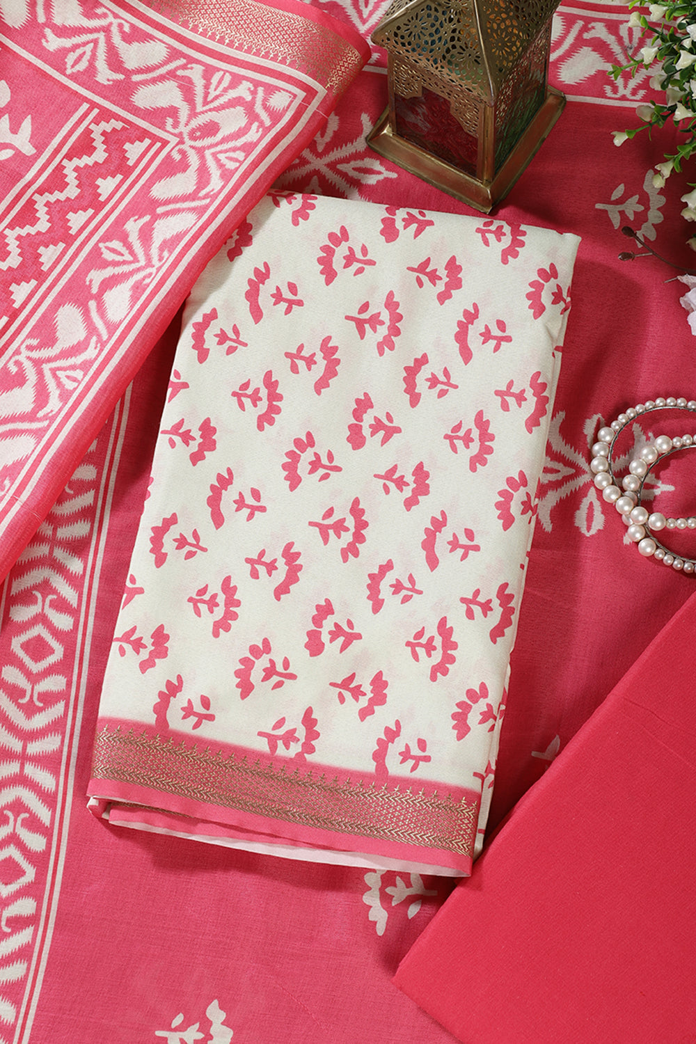 Dark Pink Floral Block Print Cotton Unstitched Suit Fabric