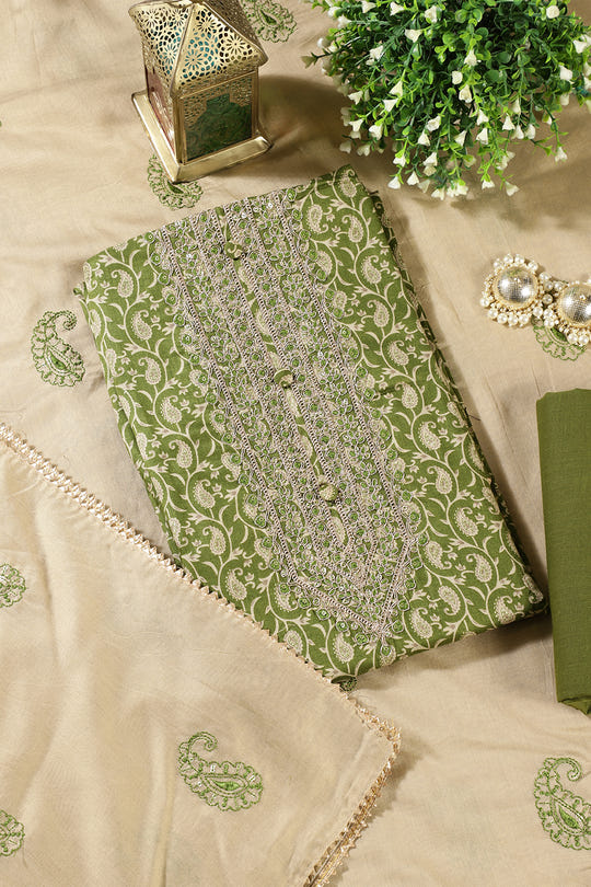 Green Cotton Digital Buta-Printed & Neck Embroidered Unstitched Suit