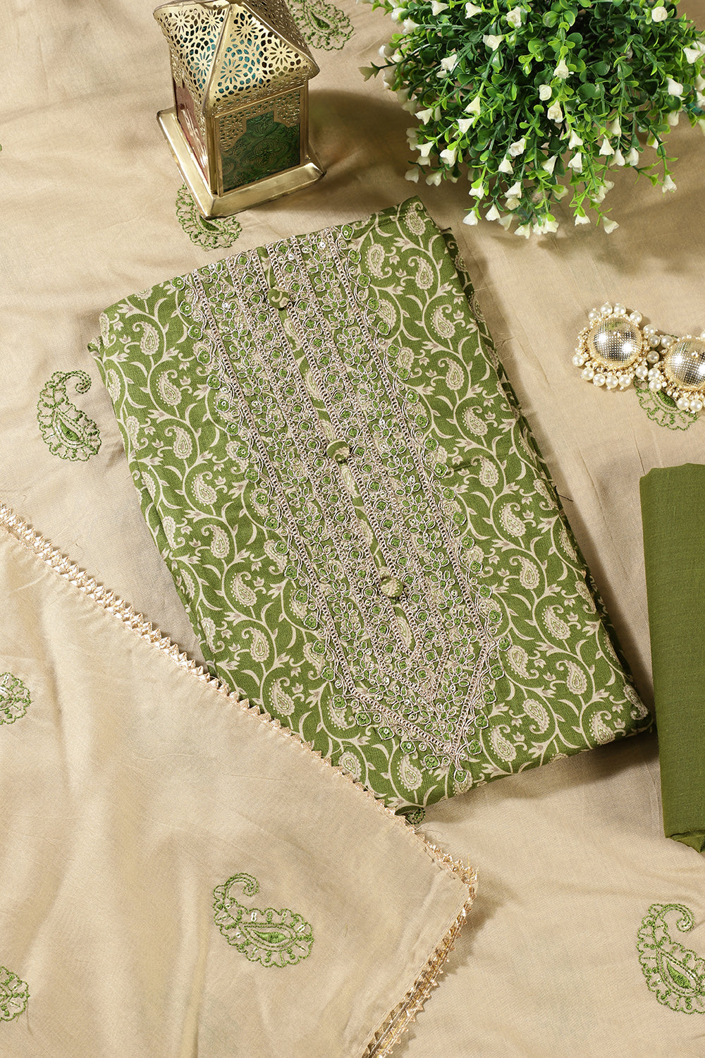 Green Cotton Digital Buta-Printed & Neck Embroidered Unstitched Suit