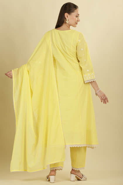 Pale Yellow Cotton Resham Floral Embroidered Anarkali Suit Set