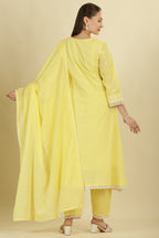 Pale Yellow Cotton Resham Floral Embroidered Anarkali Suit Set