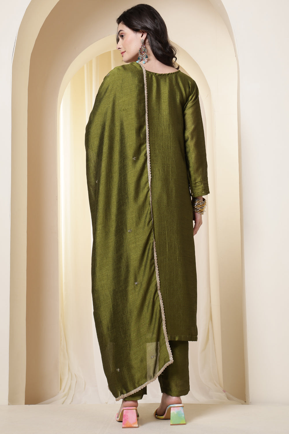 Sage Green Chinone Silk Neck-Embroidered Suit Set