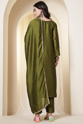 Sage Green Chinone Silk Neck-Embroidered Suit Set