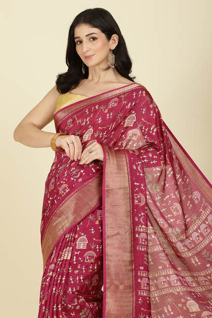 Dark Magenta Cotton Silk Printed Saree