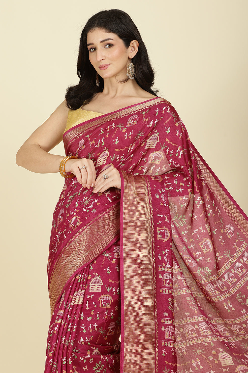 Dark Magenta Cotton Silk Printed Saree