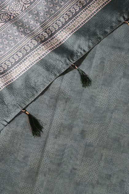 Sea Green Floral Printed Tussar Silk Saree