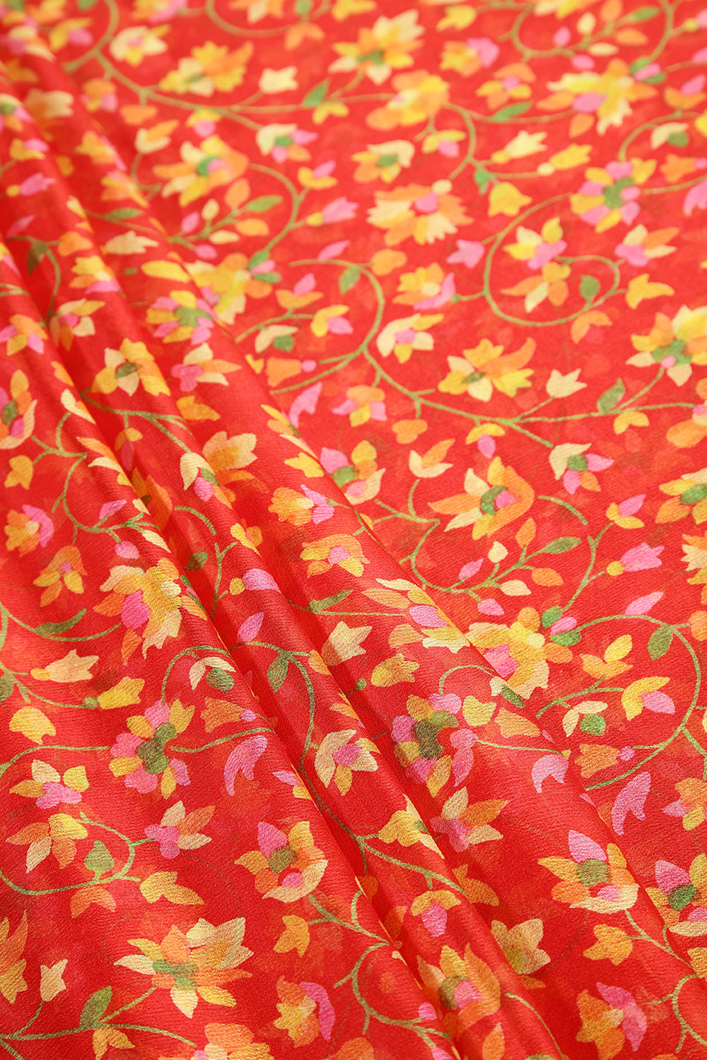 Red Color Chiffon Floral Zari Border Printed Saree