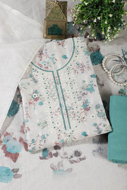 Cream & Terquoise Chanderi Cotton Floral Printed And Embroidered Unstitched Suit