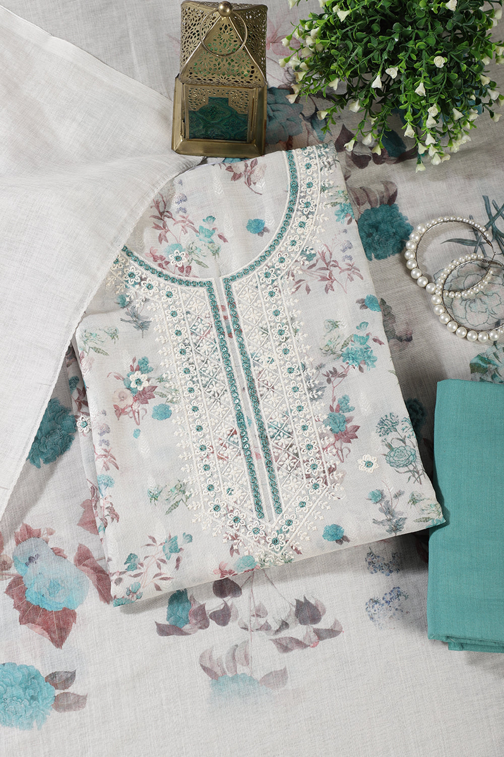 Cream & Terquoise Chanderi Cotton Floral Printed And Embroidered Unstitched Suit