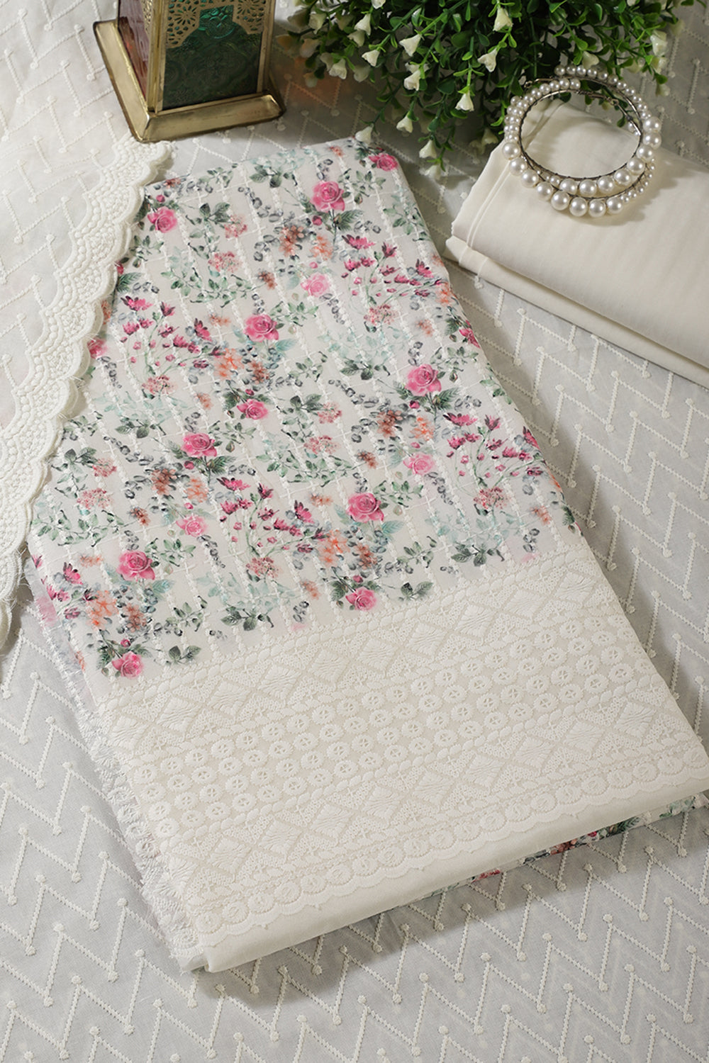 Cream & Pink Cotton Chikankari Embroidered Floral Printed Unstitched Suit