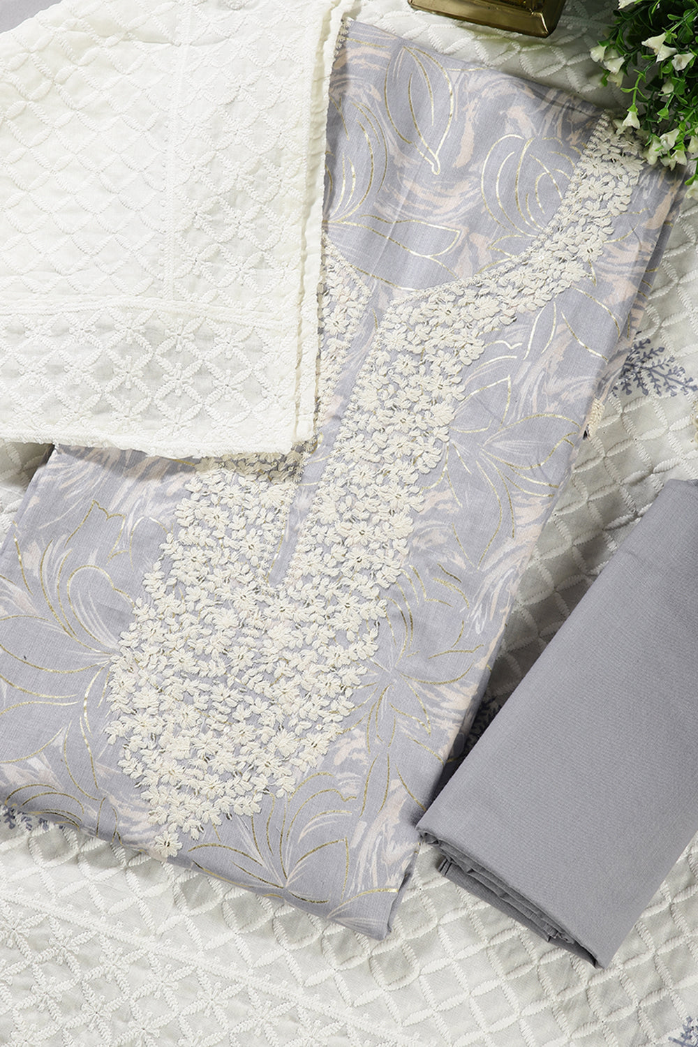 Grey Colour Cotton Printed & Resham Neck Embroidered Unstitched Suit