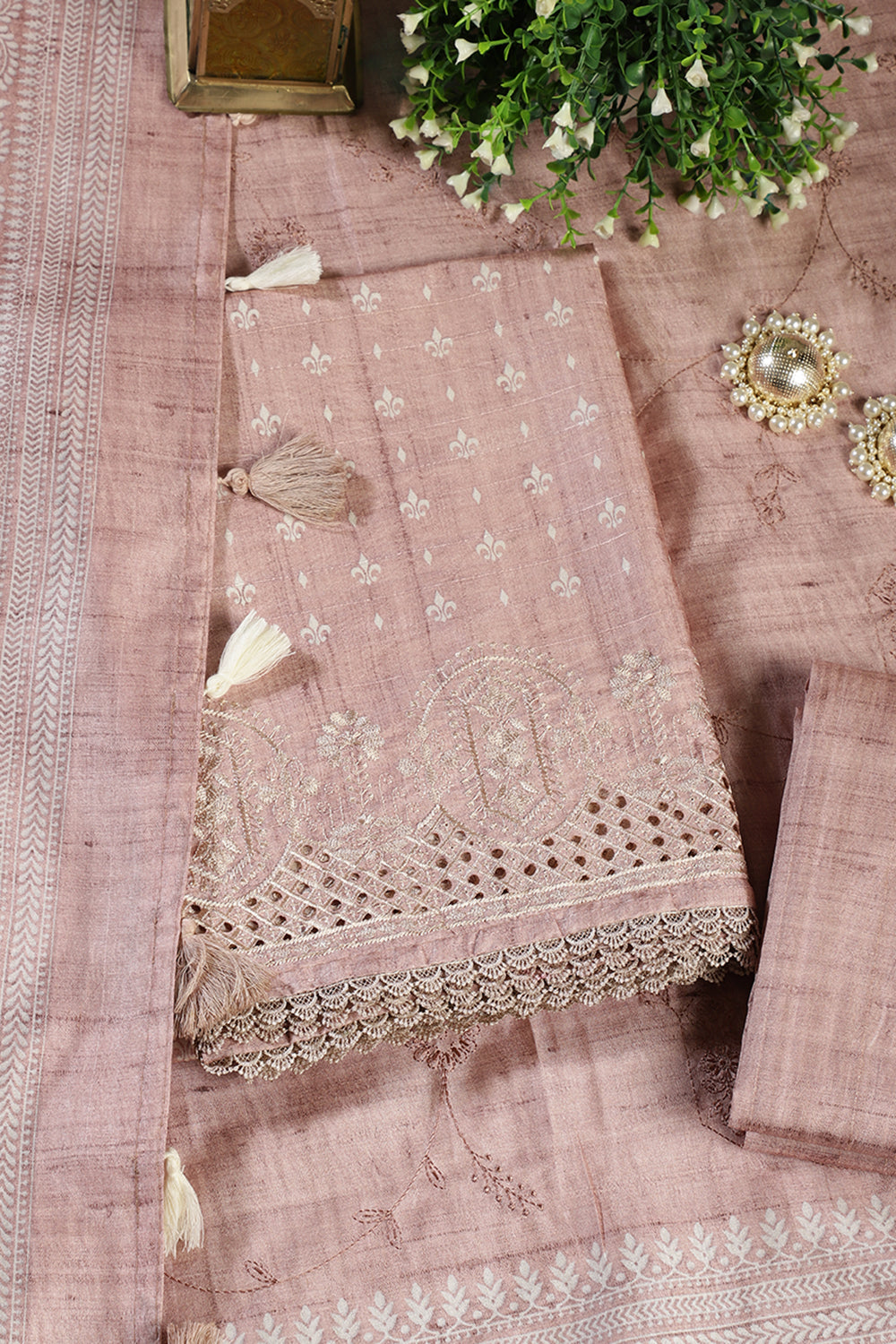 Light Peach Tussar Cotton Printed And Reham Embroidered Unstiched Suit Material