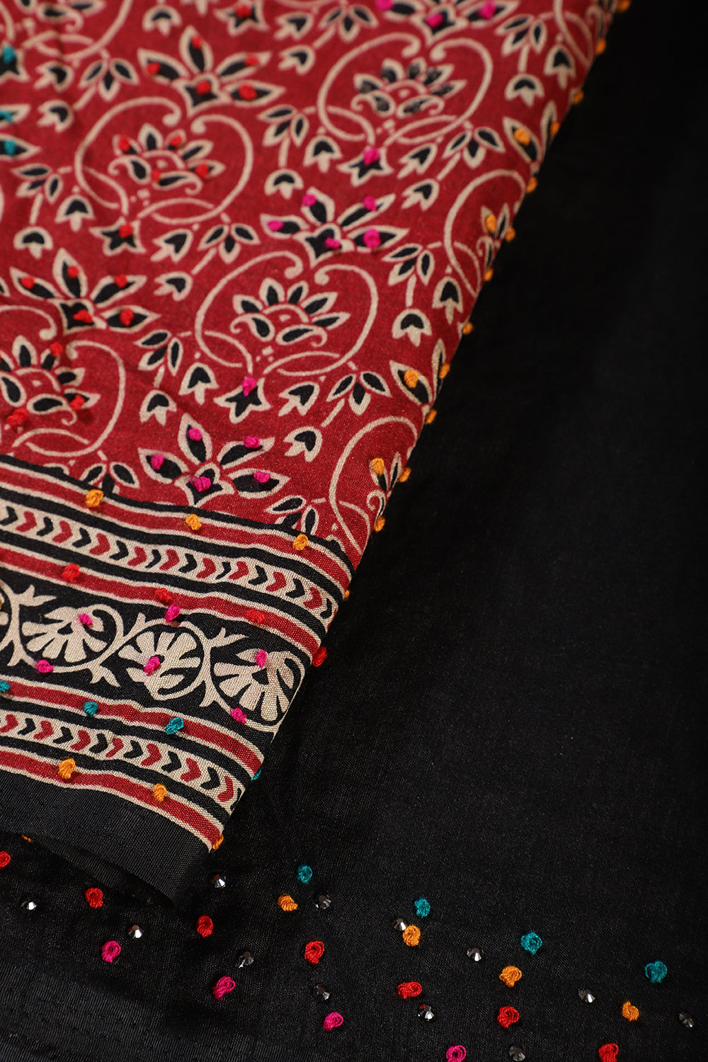 Maroon Silk Printed And Hand-Knot Work Saree