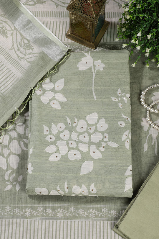 Green Color Printed Linen Cotton Unstitched Suits