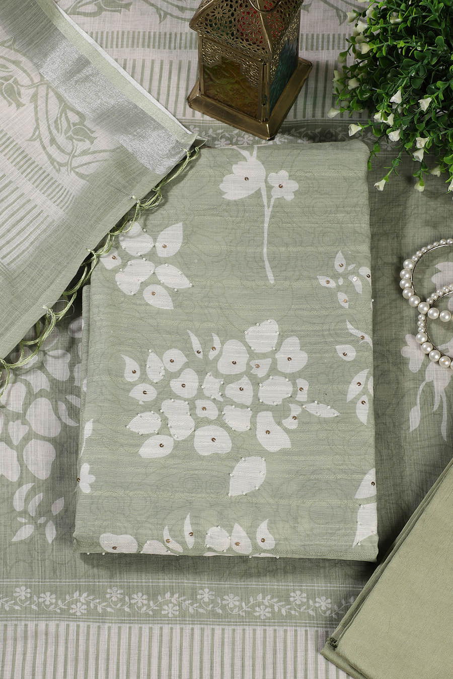 Green Color Printed Linen Cotton Unstitched Suits