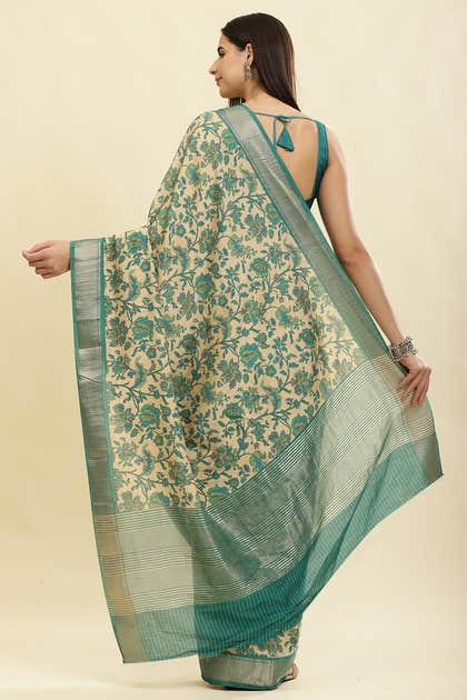 Beige & Teal Cotton Silk Floral Printed Saree