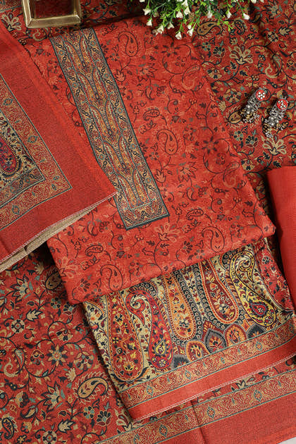 Dark Orange Pashmina Digital Printed Unstitched Suit Fabric