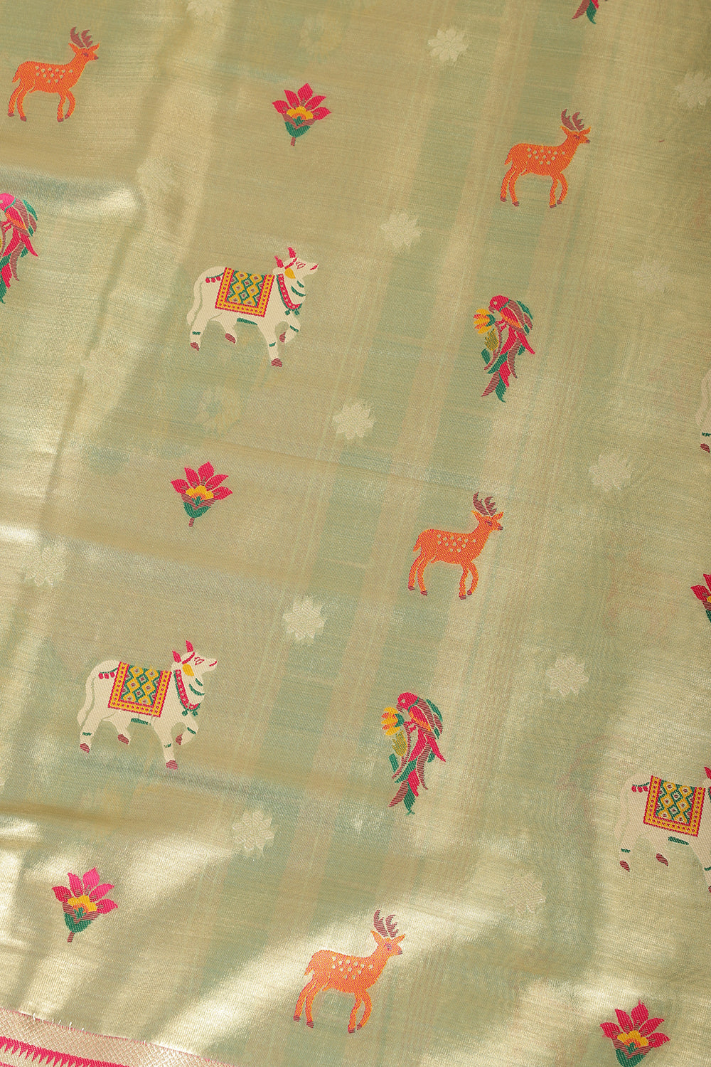 Gold & Green Duo-Chrome Tissue Silk  Pathani Work Saree