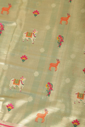 Gold & Green Duo-Chrome Tissue Silk  Pathani Work Saree