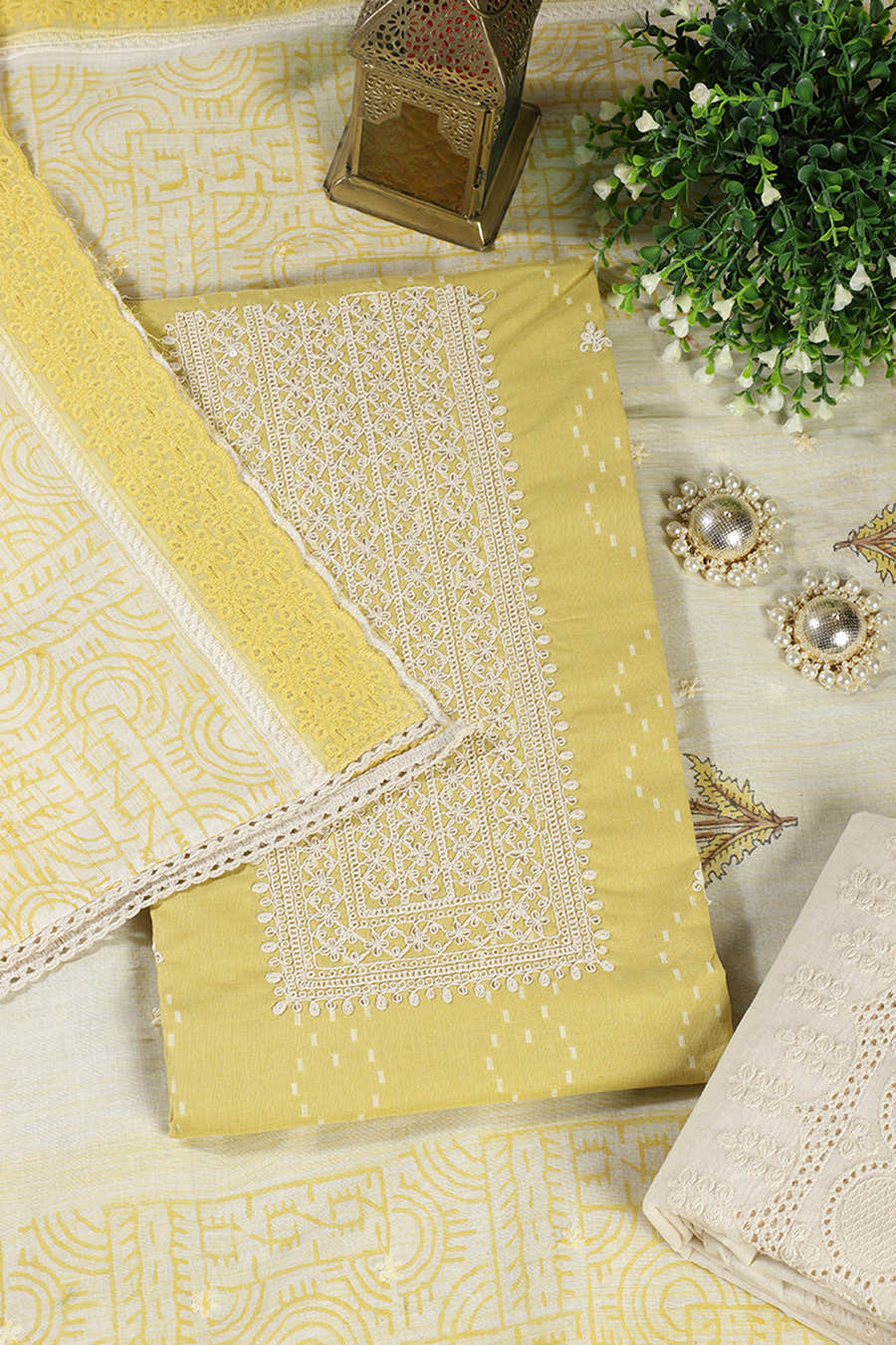 Mustard Colour Cotton Printed & Resham Neck Embroidered Unstitched Suit