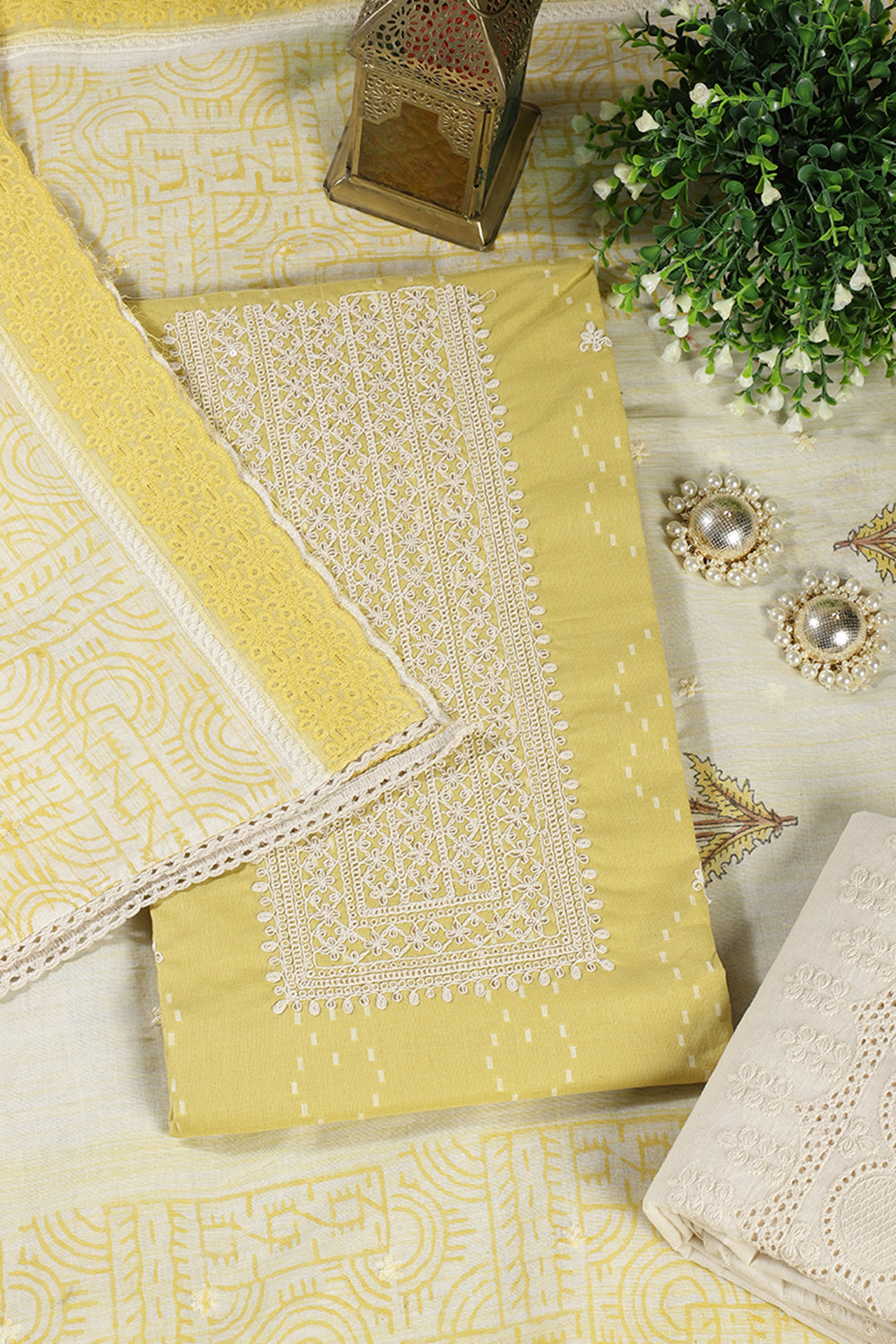 Mustard Colour Cotton Printed & Resham Neck Embroidered Unstitched Suit