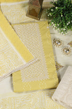 Mustard Colour Cotton Printed & Resham Neck Embroidered Unstitched Suit
