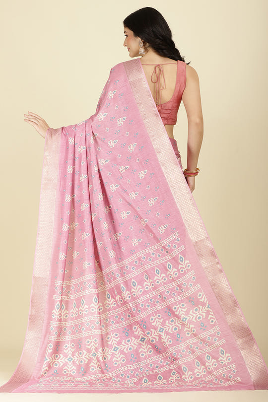 Pink Cotton Silk Printed And Zari Woven Saree