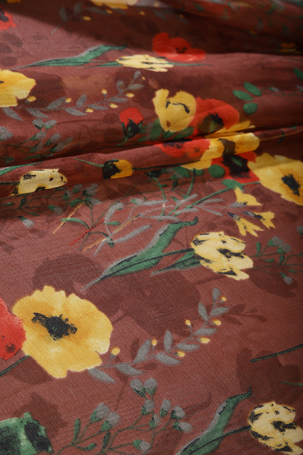 Brown Color Floral Printed Chiffon Saree