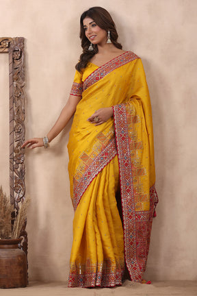 Mustard Color Embroidery Silk Saree