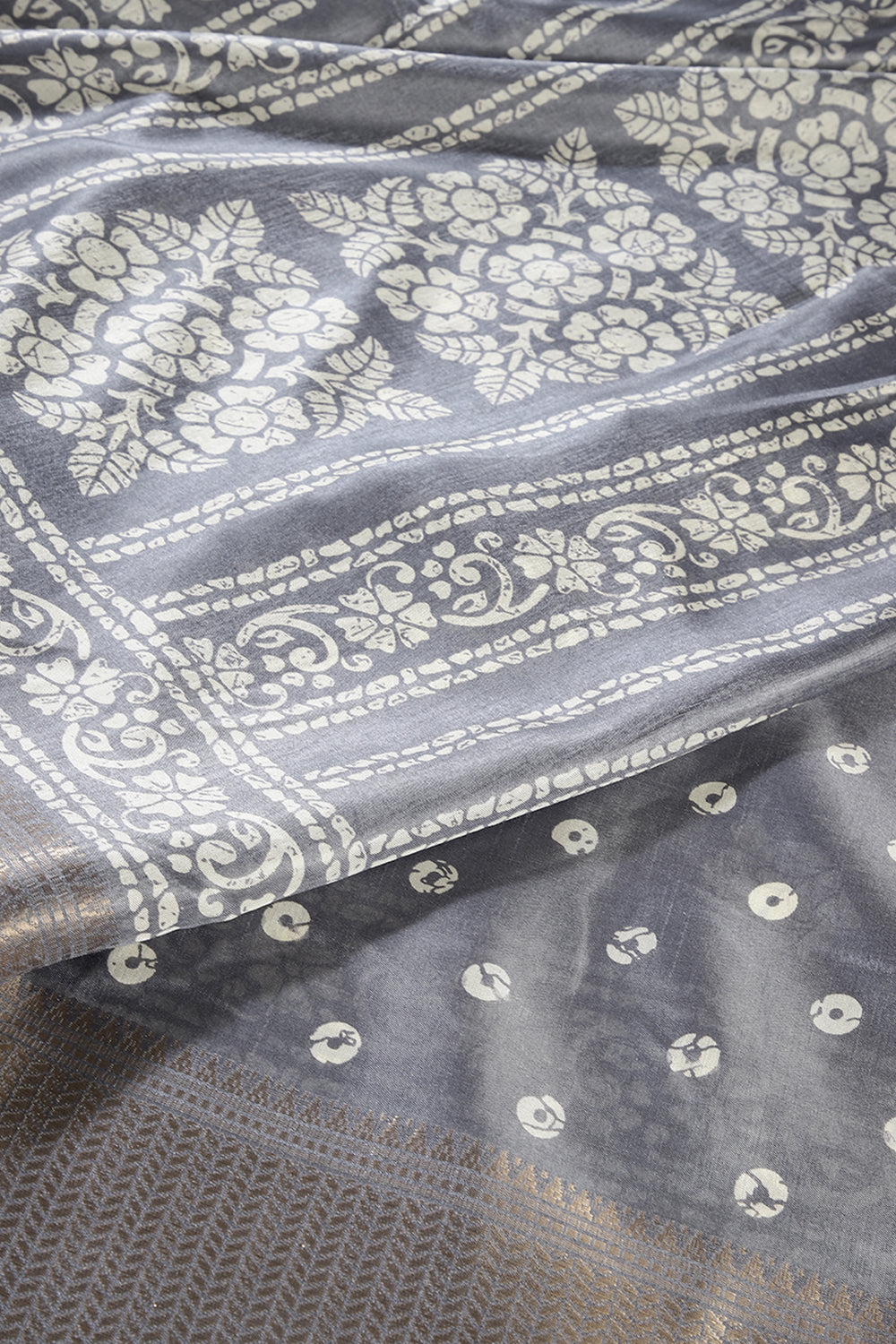 Grey Color Cotton Silk Block Printed Saree