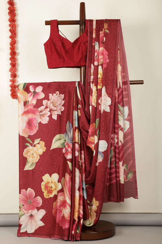Maroon Jacquard Silk Printed Saree