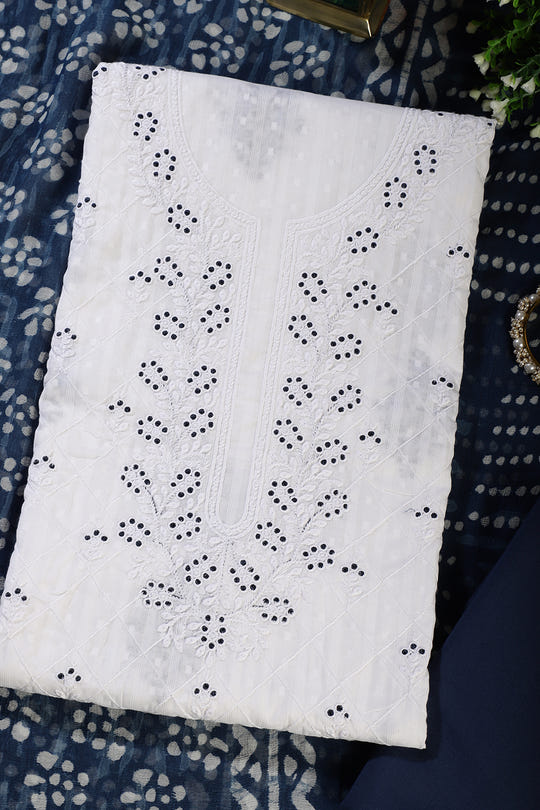 White Cotton Resham Embroidered Unstitched Suit Material