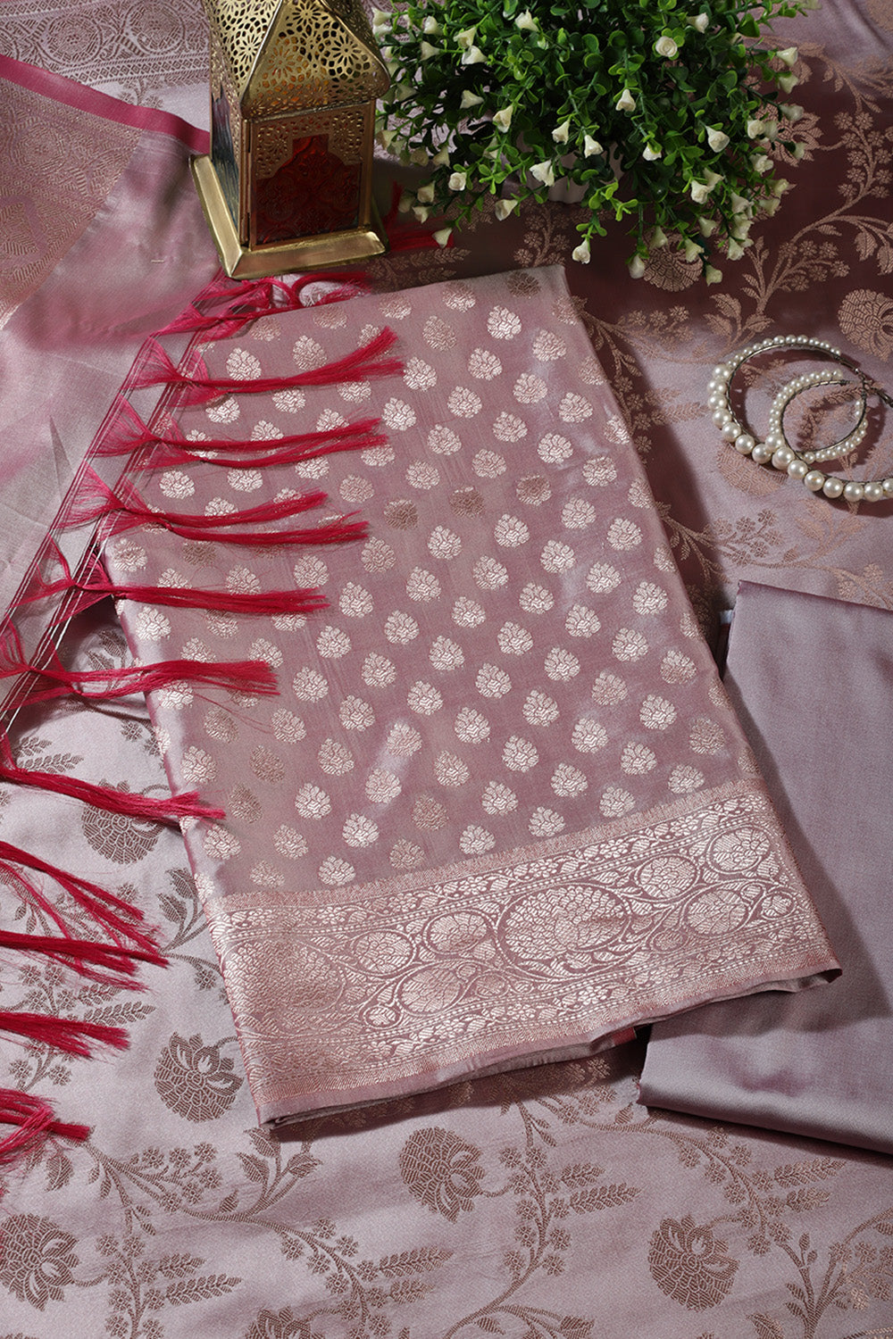 Light Mauve Silk Buta Motifs Woven Unstitched Suit Fabric