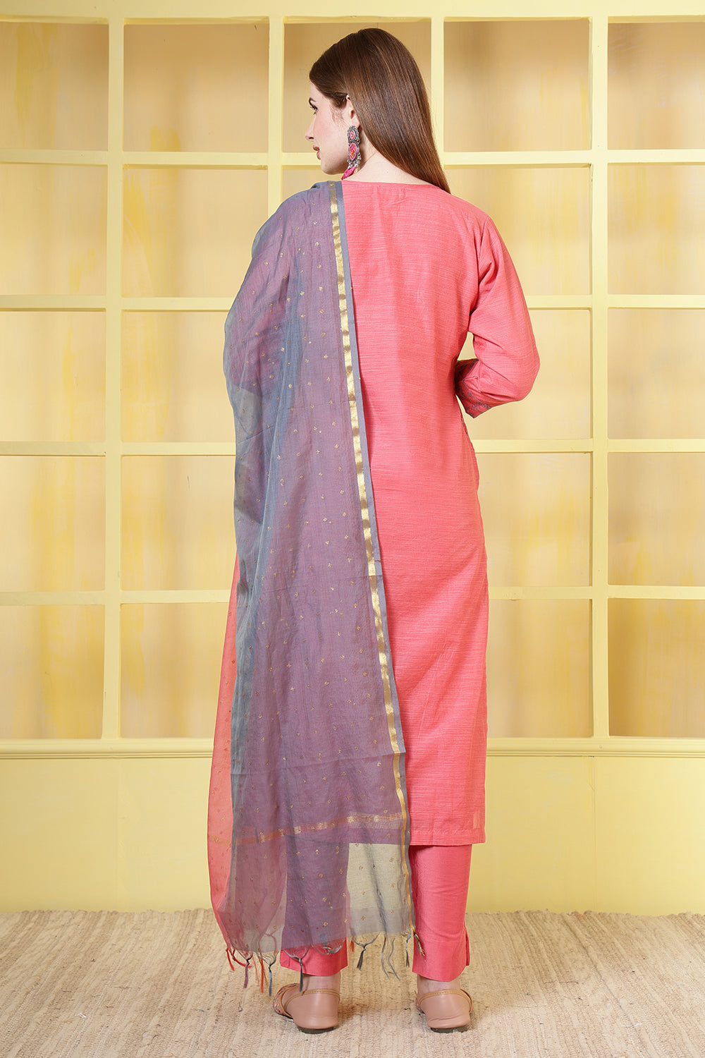 Coral Pink Chanderi Cotton Resham Embroidered Suit