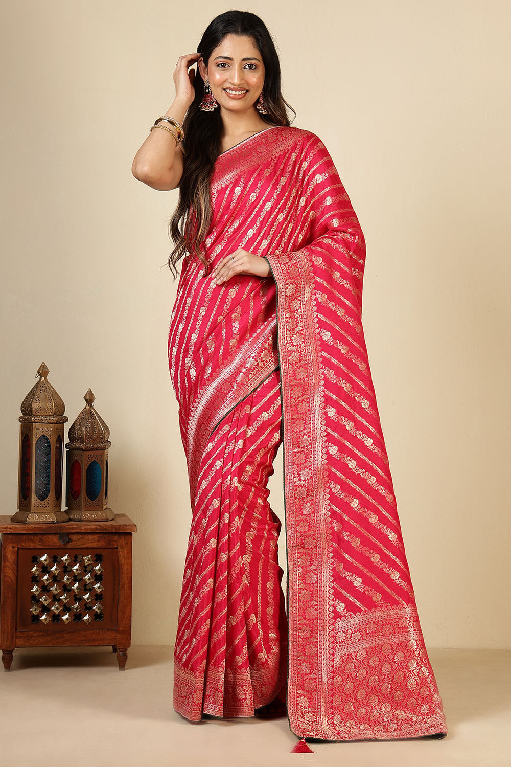 Rani Color Banarasi Woven Tussar Silk Saree