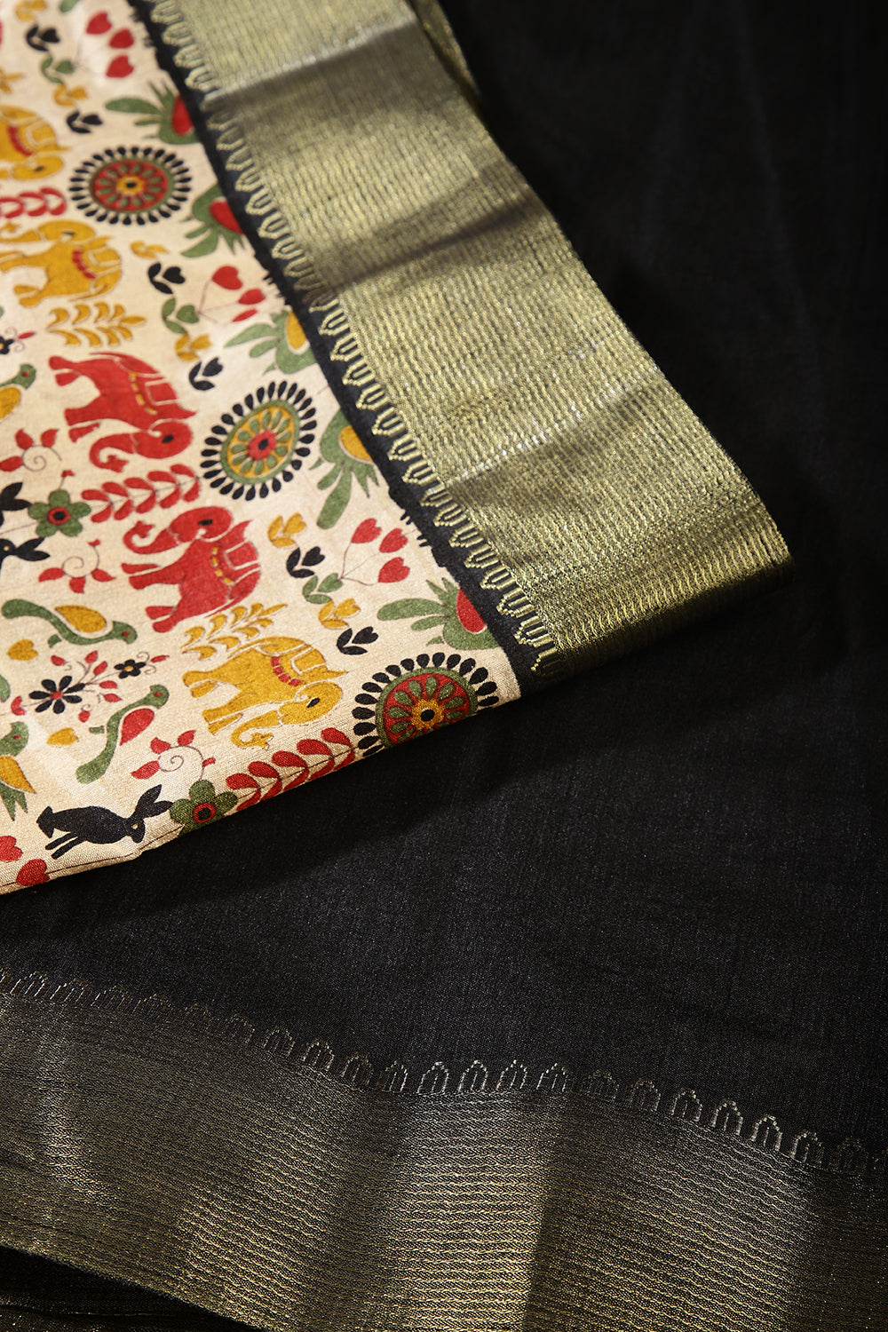 Cream & Black Color Tussar Silk Indian Folk Art Printed Saree